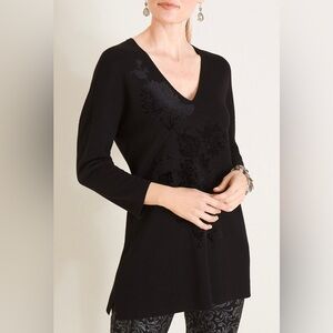 NWT Chico’s Size 1 Pullover Sweater Velvet Appliqué Flutter Sweater -Black